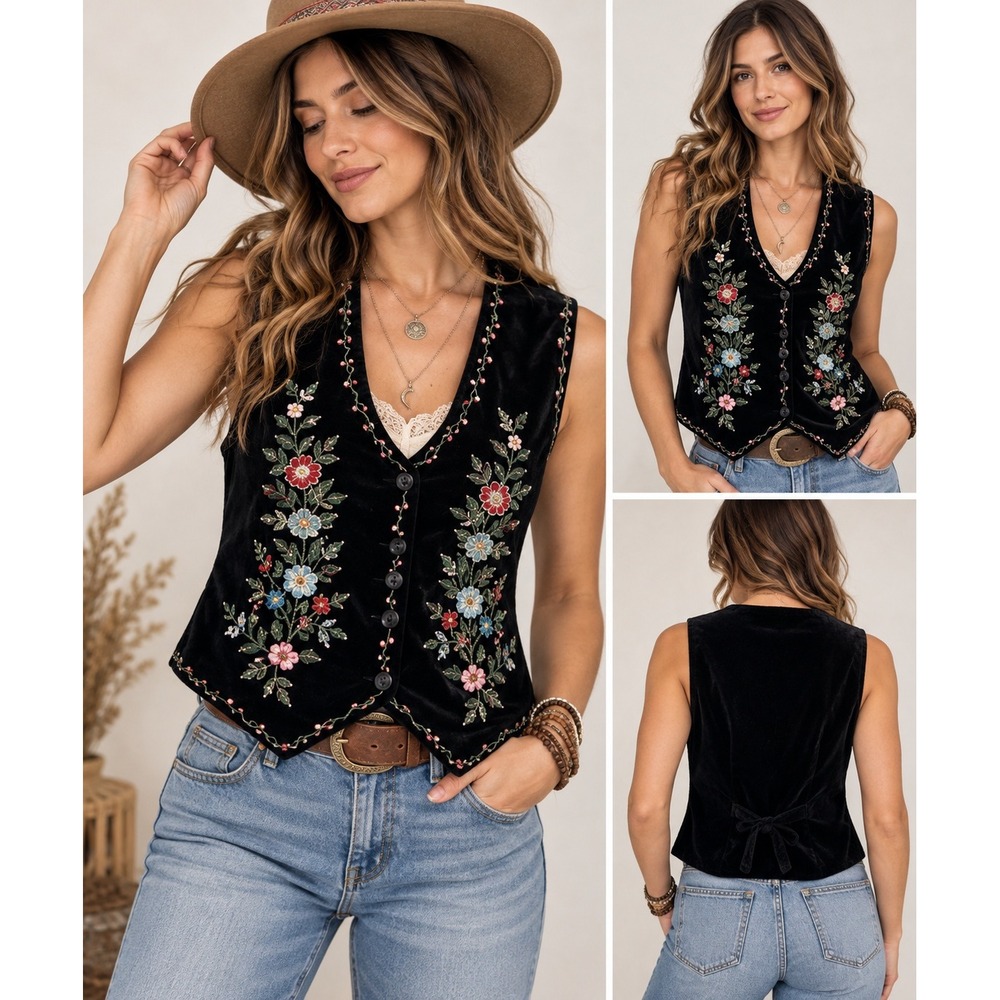 Keren Hart Velvet Vest Women XL Black Floral Embroidered Button Cottagecore